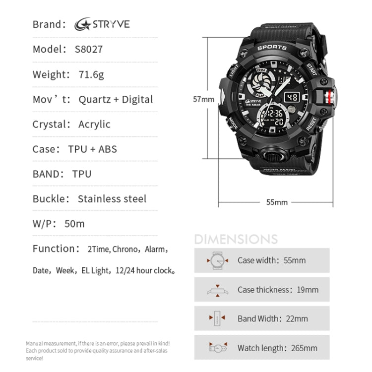 STRYVE S8027 Sports Multifunctional Luminous Dual Display Chronograph Student Watch(Black) - Leather Strap Watches by STRYVE | Online Shopping South Africa | PMC Jewellery