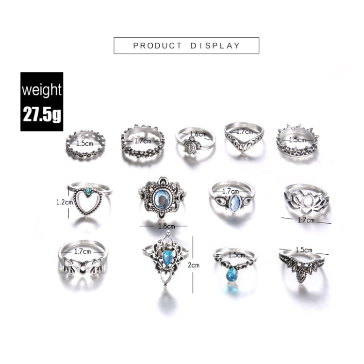 13pcs/set Vintage Diamond Engraved Crown Star Gemstone Ring(Silver SKU0737) - Rings by PMC Jewellery | Online Shopping South Africa | PMC Jewellery