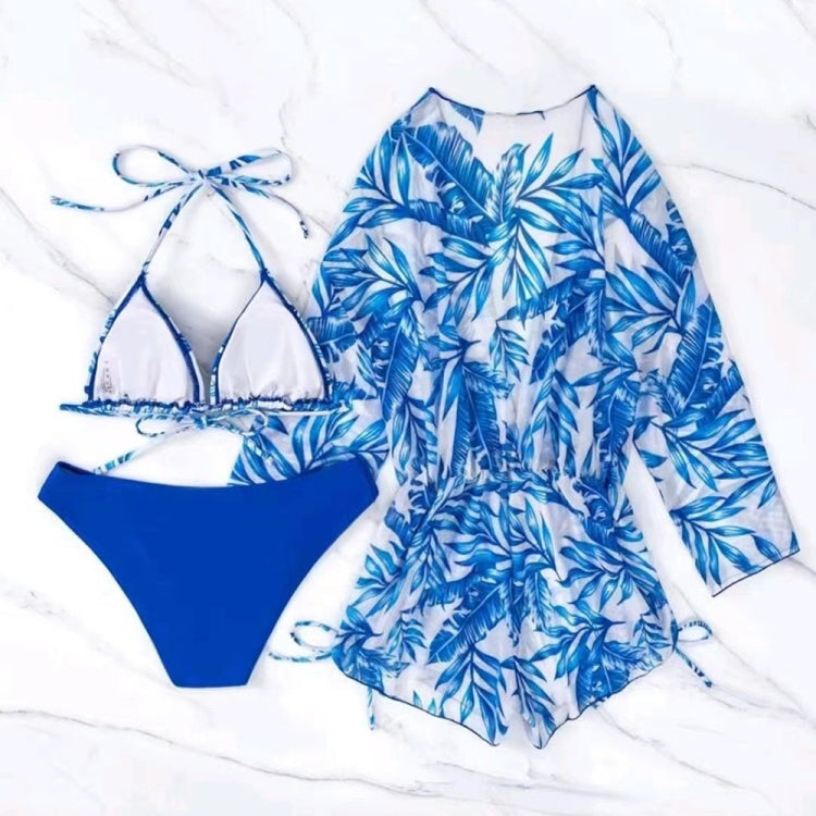 Leaf-print Waist Lace-up Three-Piece Bikini Set Long-sleeved Beach Sun Protection Swimsuit, Size: M(Blue) - Swimwear by PMC Jewellery | Online Shopping South Africa | PMC Jewellery