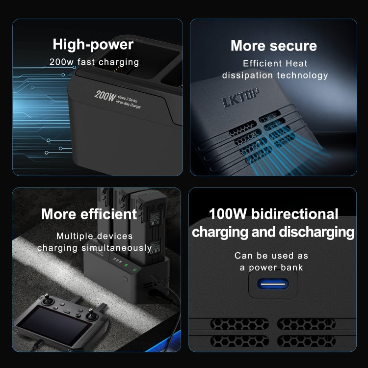 For DJI Mavic 3 Series LKTOP 200W 3-Channel Battery Charger US Plug - free shipping - PMC TechLife - Order now!