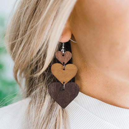 5pairs Wooden Carved Heart Shape Stitching Long Earrings(1) - Stud Earrings & Earrings by PMC Jewellery | Online Shopping South Africa | PMC Jewellery