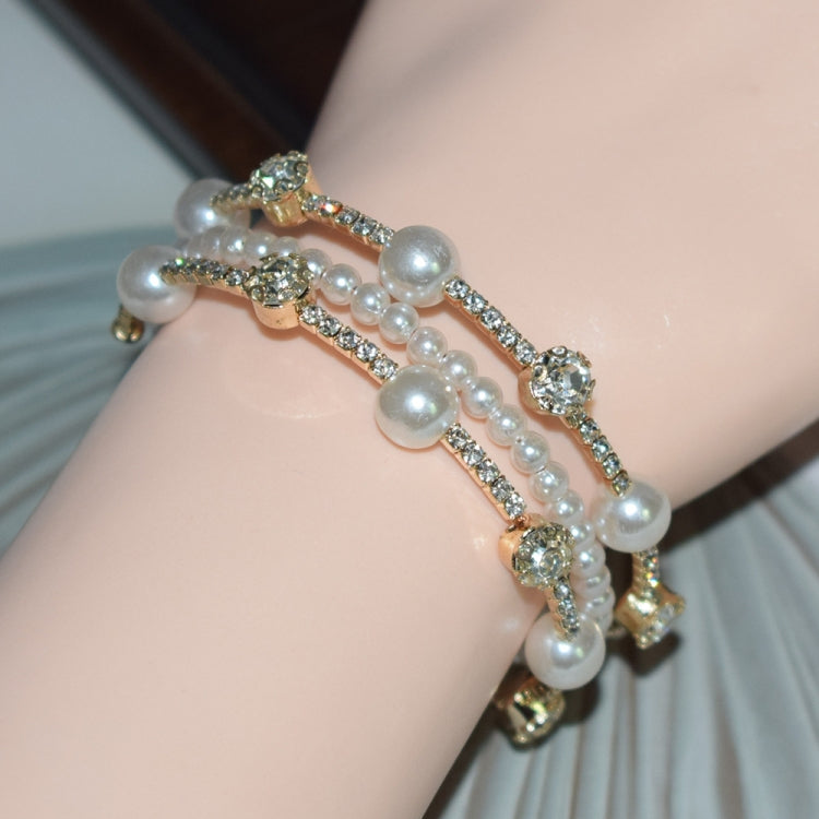 3 Row Gold Simple Rhinestone Pearl Wrapped Arm Bracelet Versatile Bracelet - Bracelets by PMC Jewellery | Online Shopping South Africa | PMC Jewellery