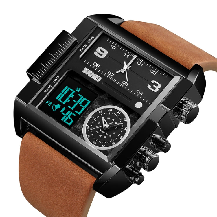 SKMEI 1391 Multifunctional Men Business Digital Watch 30m Waterproof Square Dial Wrist Watch with Leather Watchband(Black Brown) - Leather Strap Watches by SKMEI | Online Shopping South Africa | PMC Jewellery | Buy Now Pay Later Mobicred