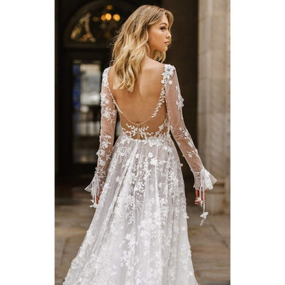 Women Sexy Lace Long Sleeve Evening Dress (Color:White Size:M) - Dress by PMC Jewellery | Online Shopping South Africa | PMC Jewellery