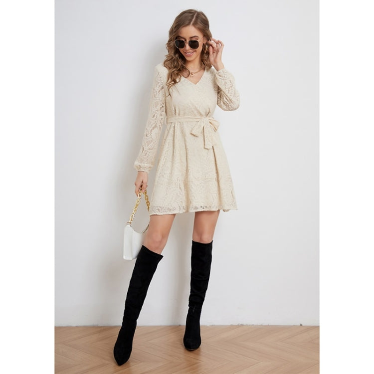 Lacing Lace Elegant Long Sleeve Dress For Ladies (Color:Apricot Size:S) - Dress by PMC Jewellery | Online Shopping South Africa | PMC Jewellery